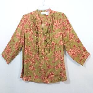 Soft Surroundings bird floral ruffle pintuck cinch back shirt top M